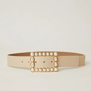 NWT INTERMIX Ivory Leather Belt Pearl Buckle Size Small